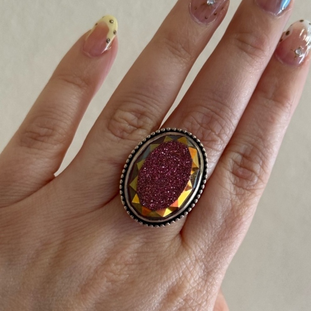 Vintage Colleen Lopez 925 Sterling Pink Druzy Ring Size 9 Adjustable